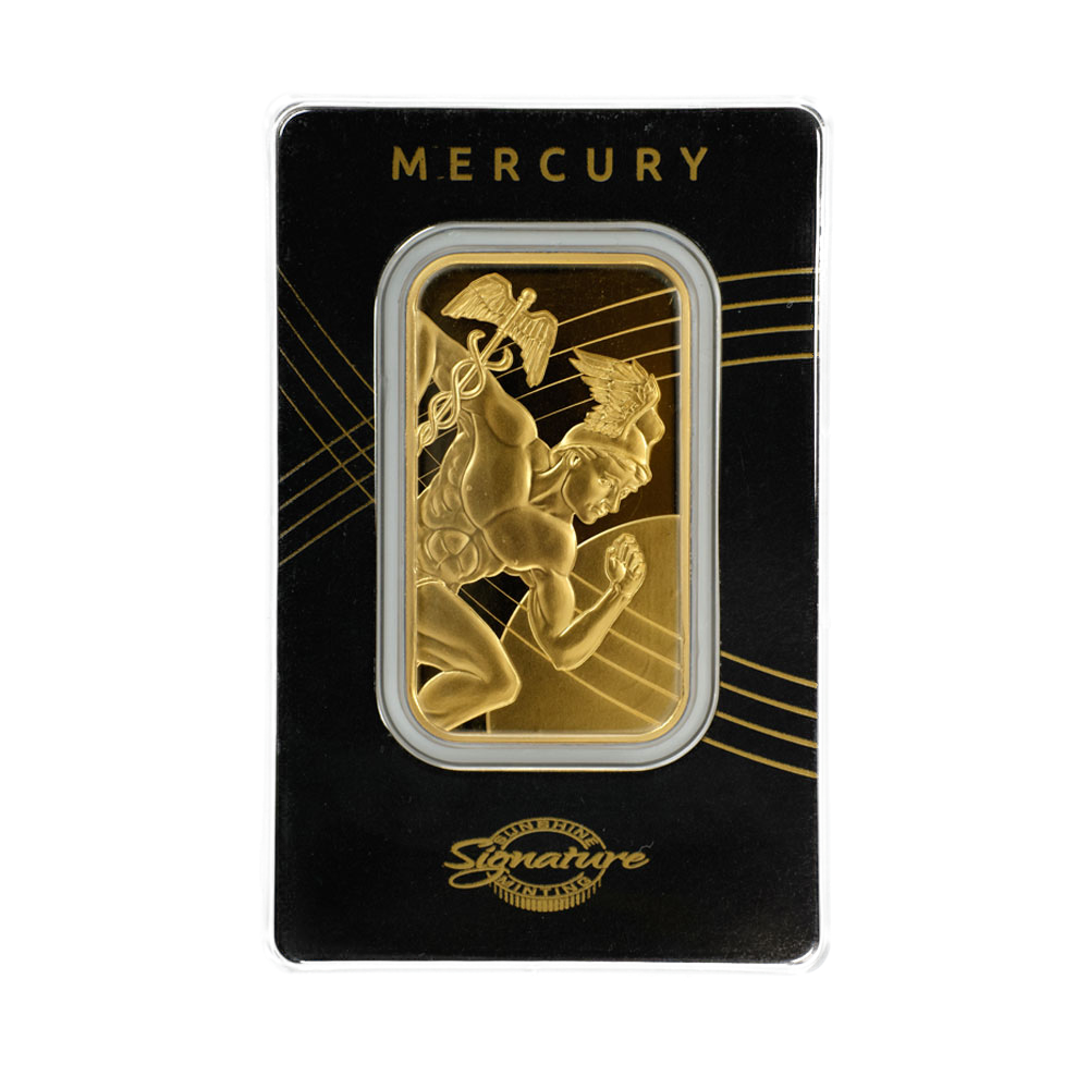 1 oz Sunshine Mint Mercury Gold Bar - Obverse