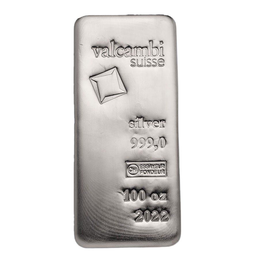 100 oz Valcambi Suisse Silver Bar - Obverse
                                
                            