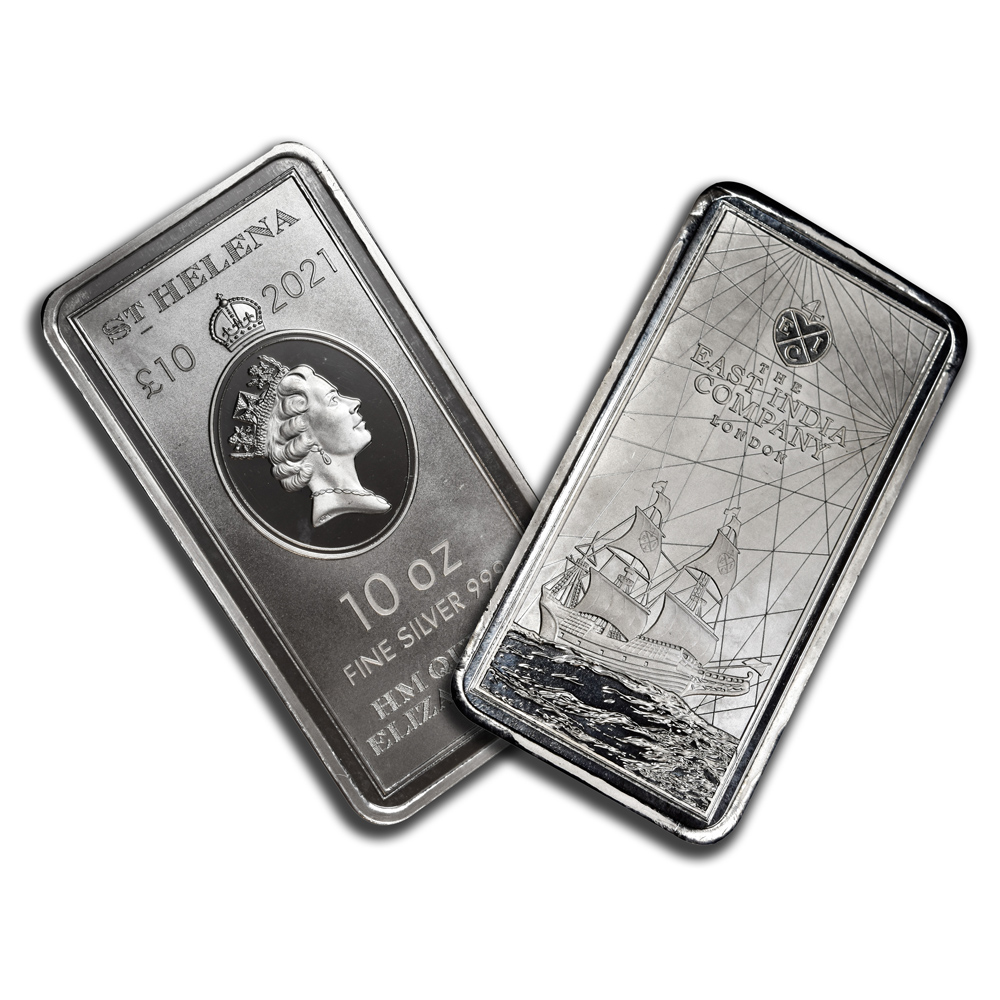 St. Helena 10 oz Rectangular EIC Silver Coin - Front and Back