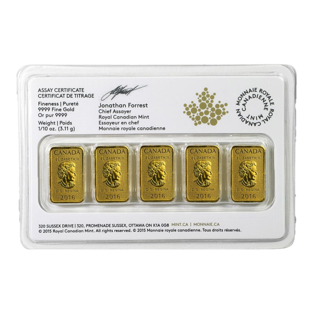1/2 oz Royal Canadian Mint Legal Tender Gold Bars (Set of 5 x 1/10 oz, Any Year)
