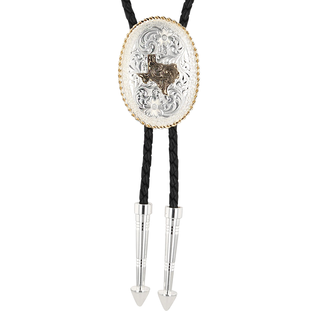 State of Texas Silver Engraved Bolo Tie (1.56"x2.06") 