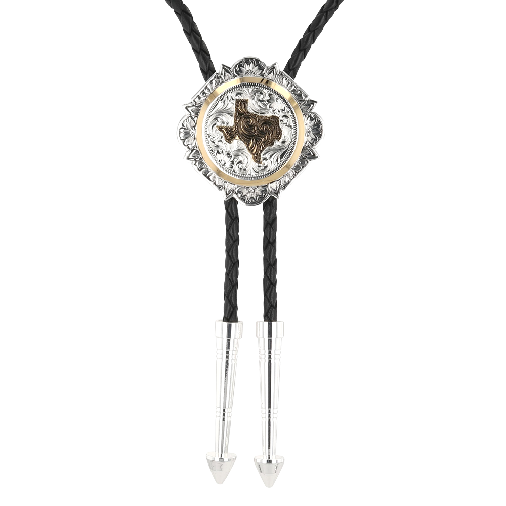 State of Texas Silver and Gold Engraved Button Bolo Tie 