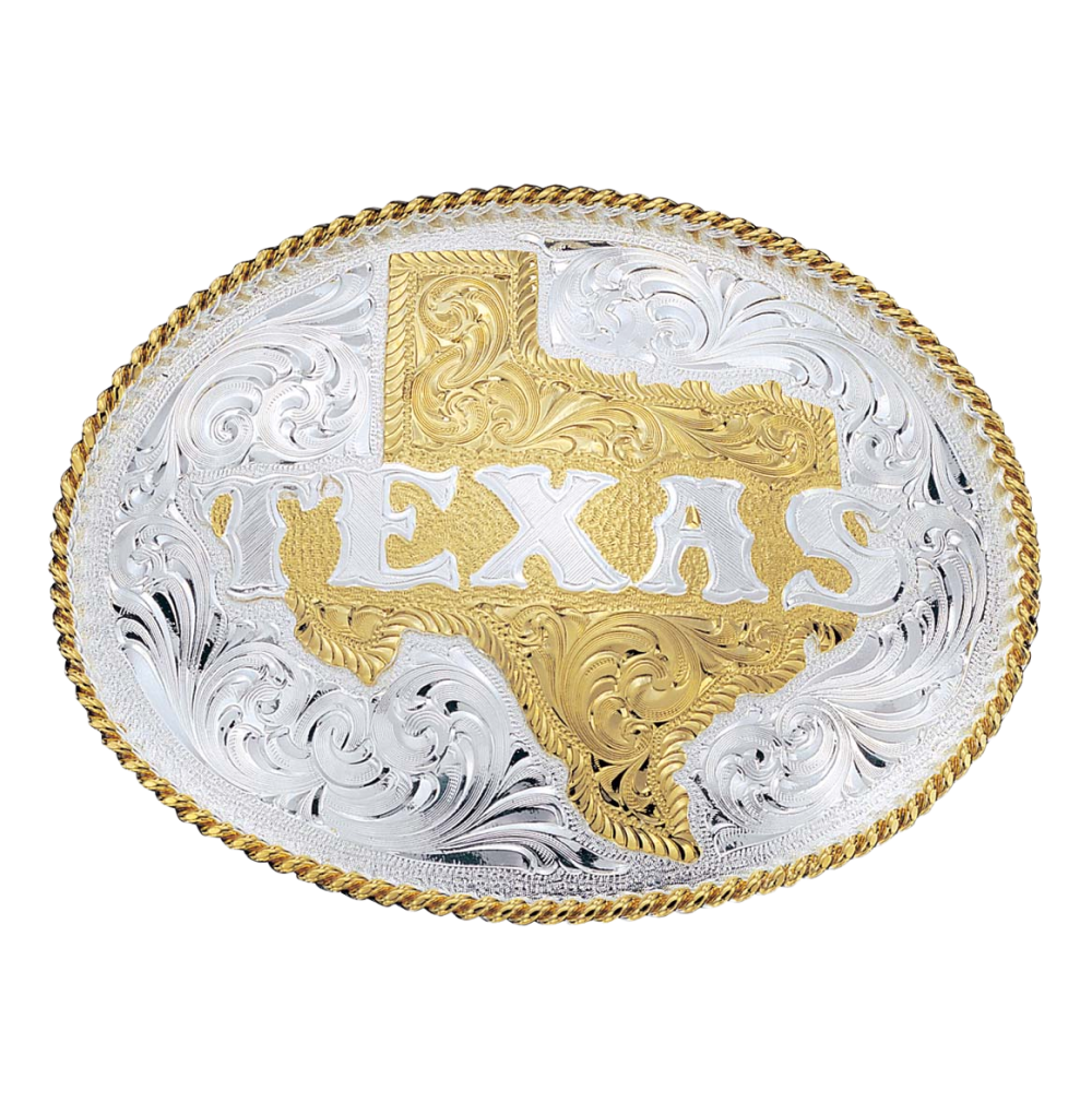 Silver Engraved Western Belt Buckle with Etched State of Texas