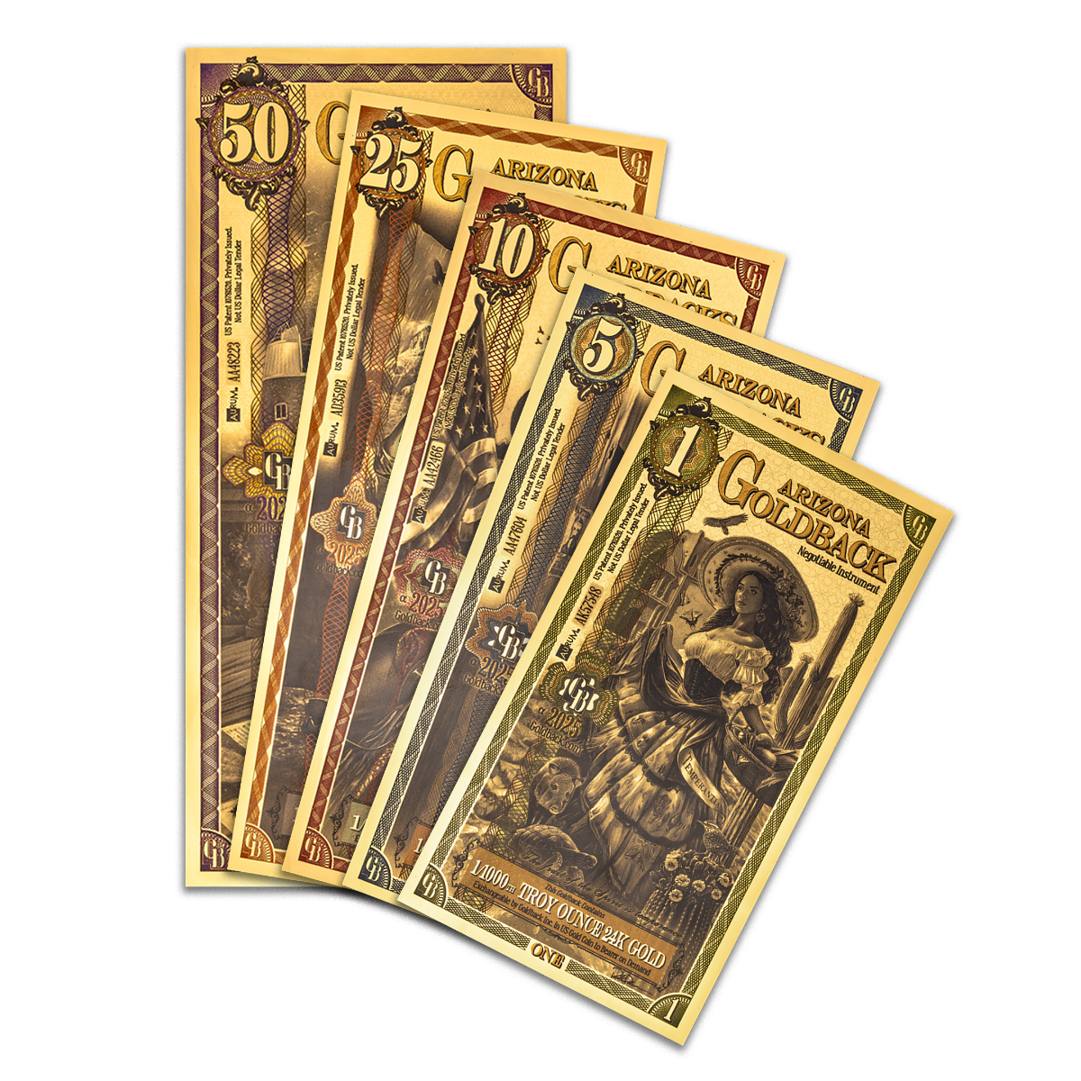 5 Piece Arizona Goldback Gold Note Set