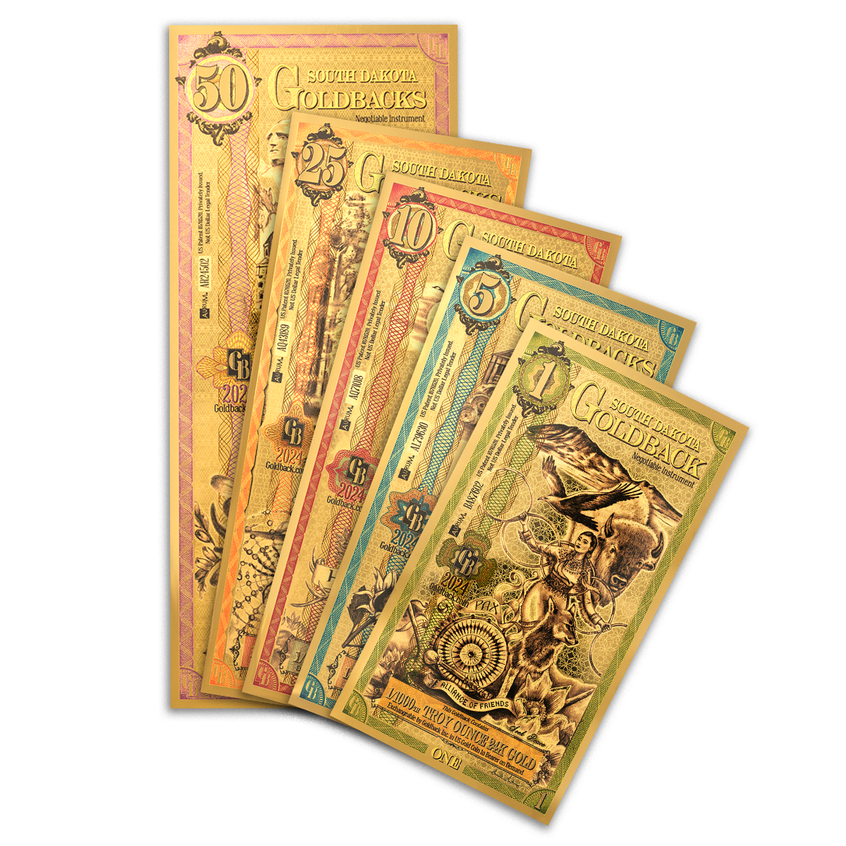 5 Piece South Dakota Goldback Gold Note Set