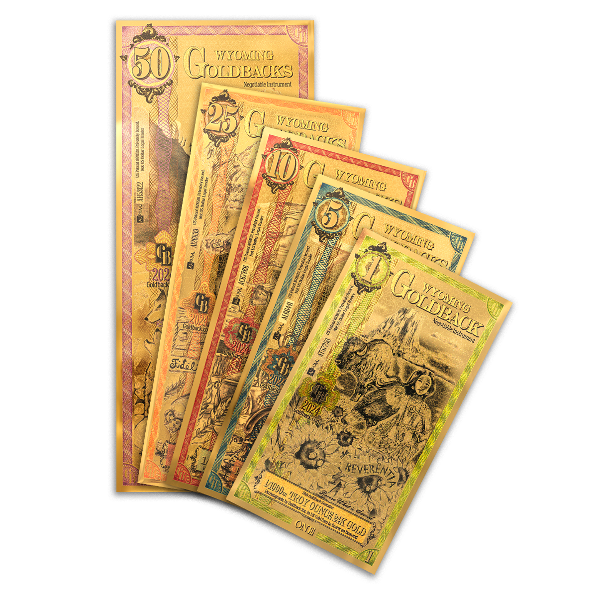 5 Piece Wyoming Goldback Gold Note Set