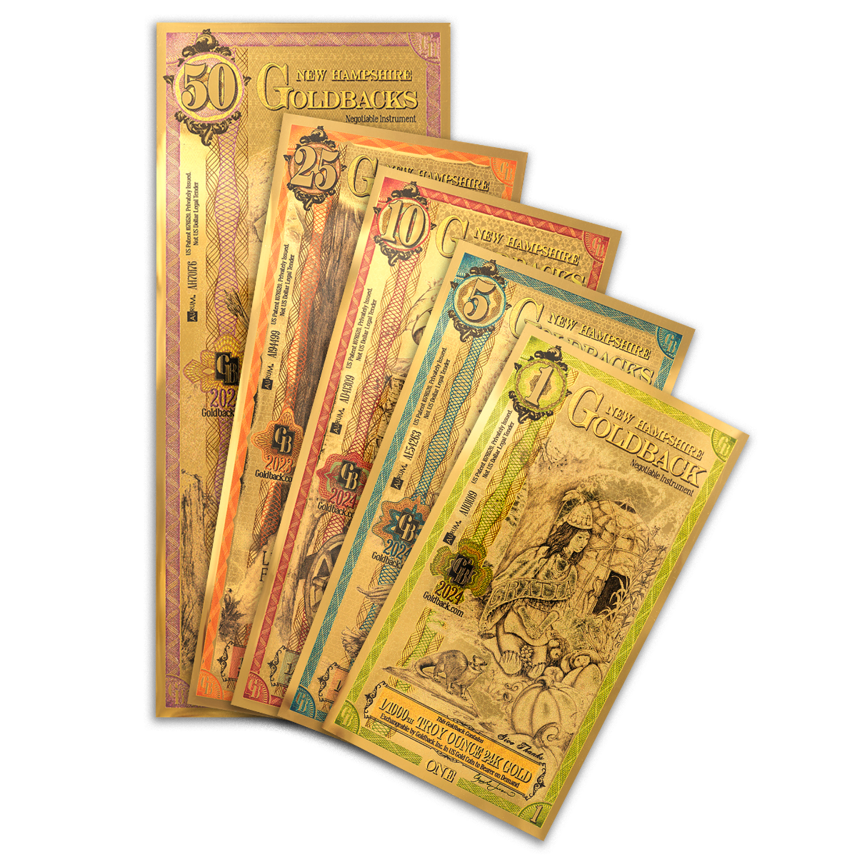 5 Piece New Hampshire Goldback Gold Note Set