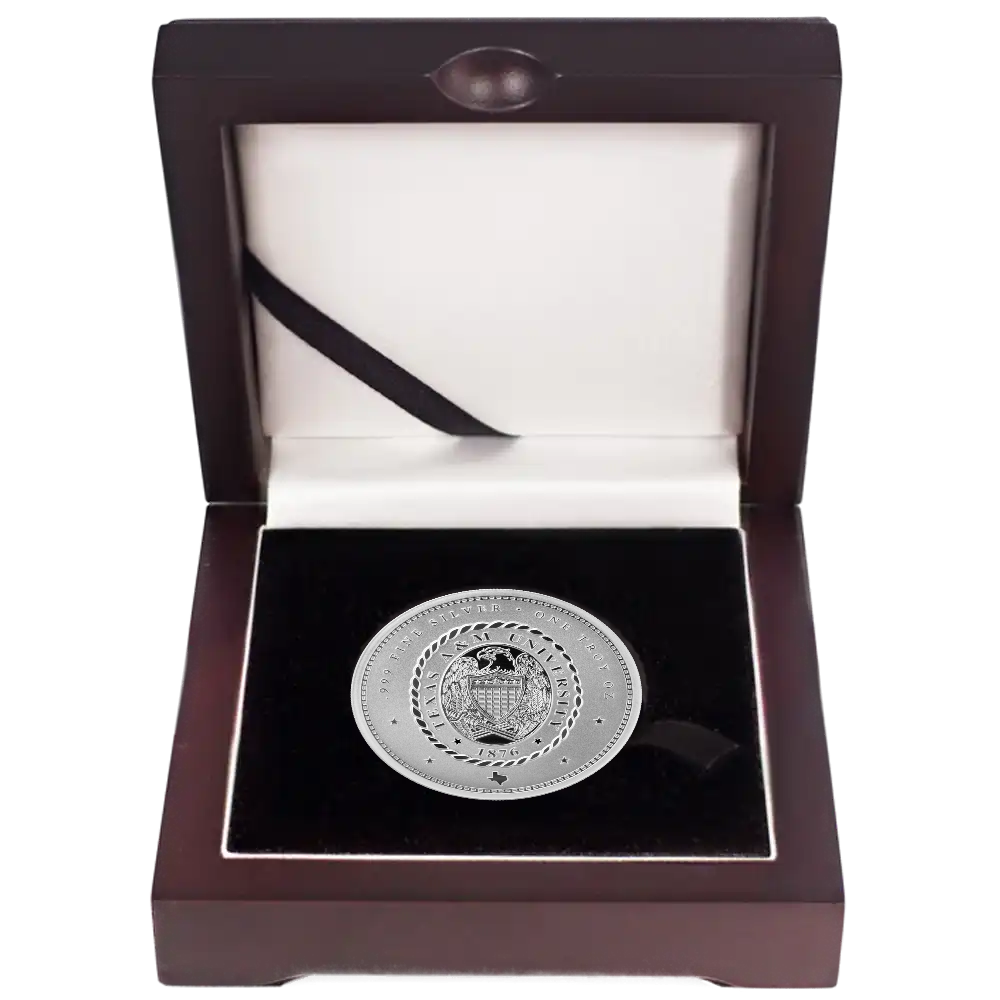 1 oz A&M Ring Crest Silver Round with Wooden Display Case
